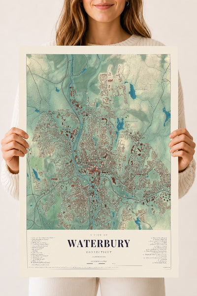 Waterbury, Connecticut map print, 18" x 24", Archival Matte Print