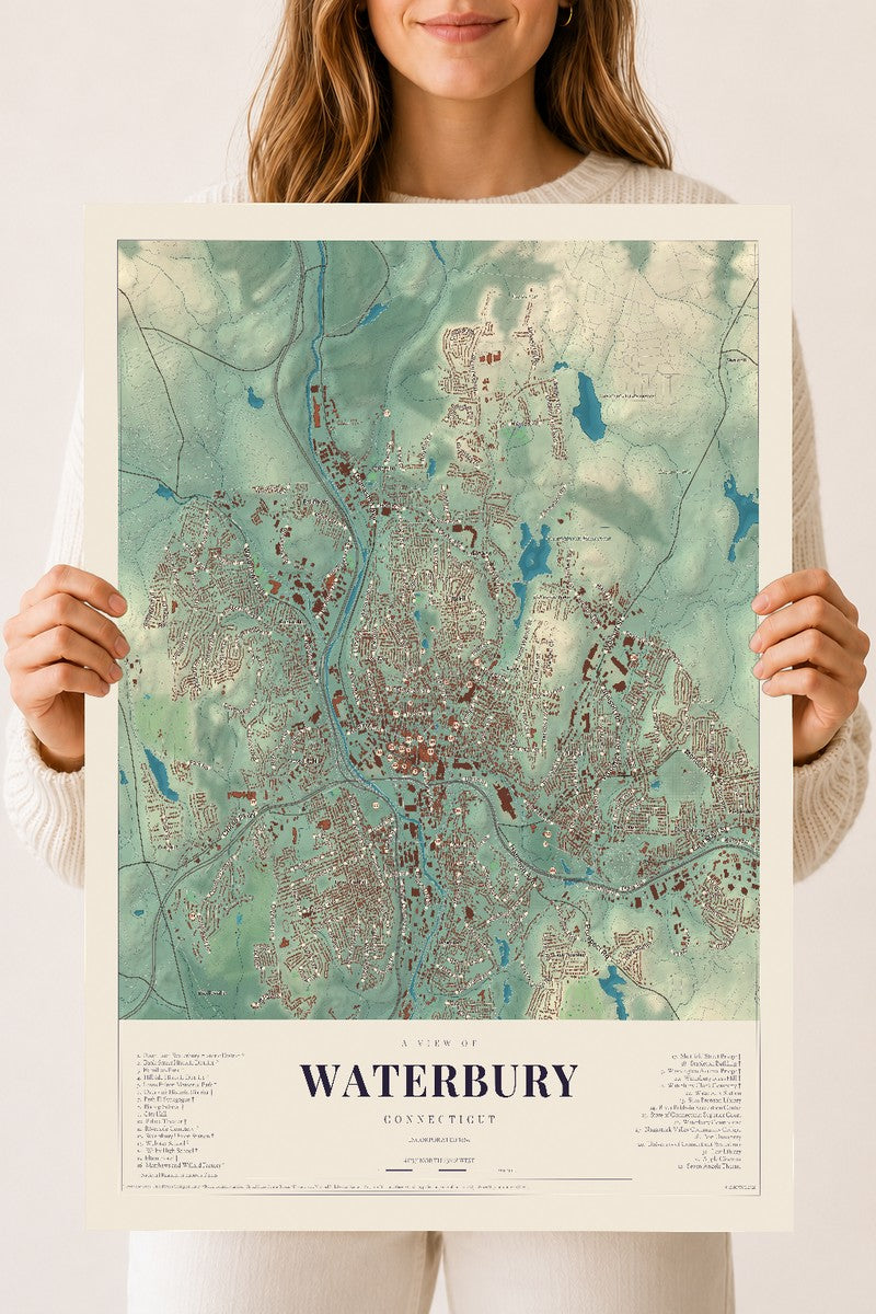 Waterbury, Connecticut map print, 18" x 24", Archival Matte Print