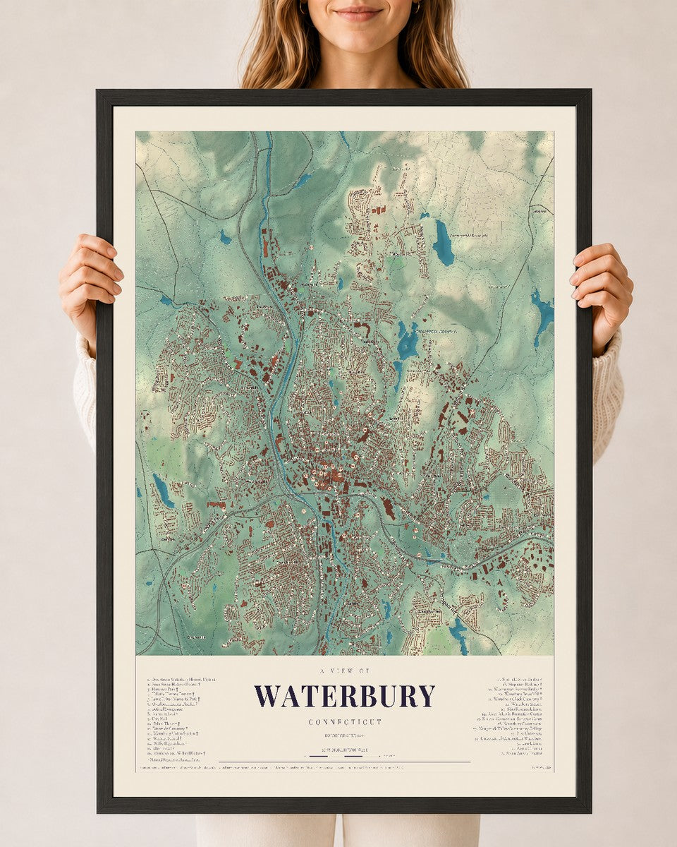 Waterbury, Connecticut map print, 24" x 36", W/ Black Ayous Wood Frame