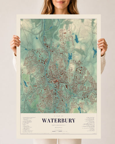 Waterbury, Connecticut map print, 24" x 36", Archival Matte Print