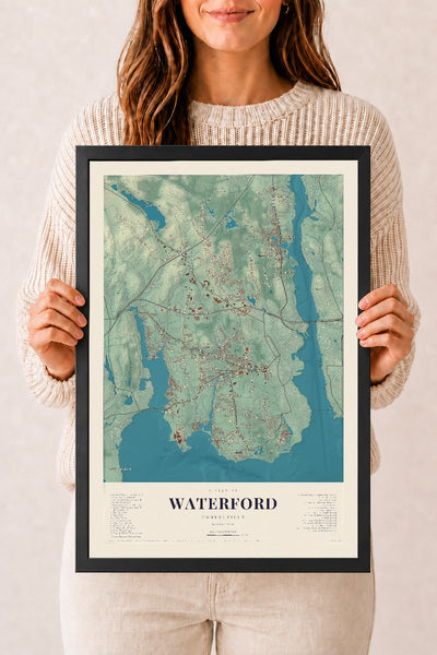 Waterford, Connecticut map print, 12" x 18", W/ Black Ayous Wood Frame