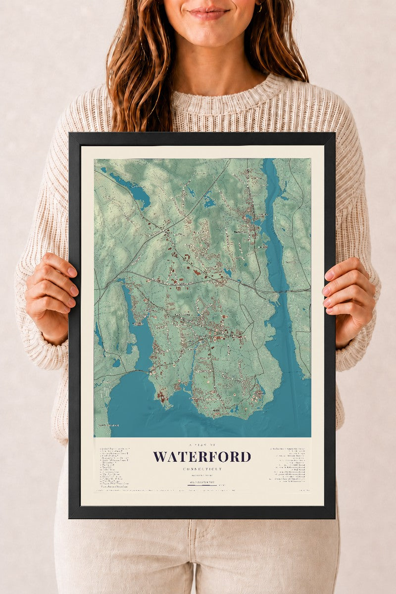 Waterford, Connecticut map print, 12" x 18", W/ Black Ayous Wood Frame