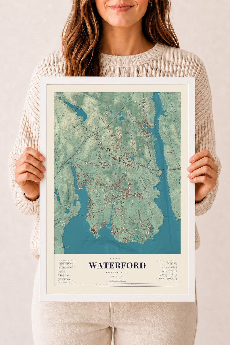 Waterford, Connecticut map print, 12" x 18", W/ White Ayous Wood Frame