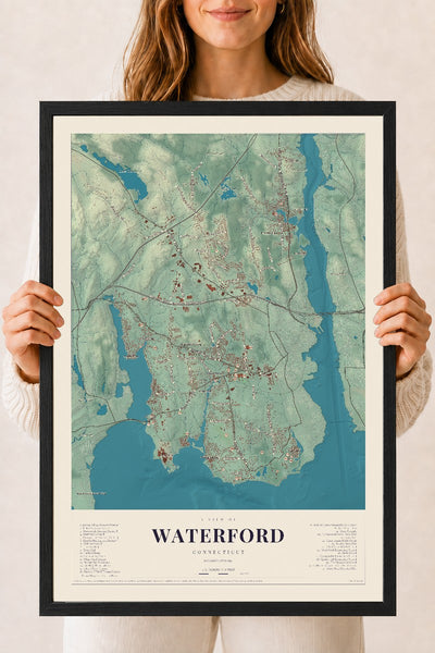 Waterford, Connecticut map print, 18" x 24", W/ Black Ayous Wood Frame