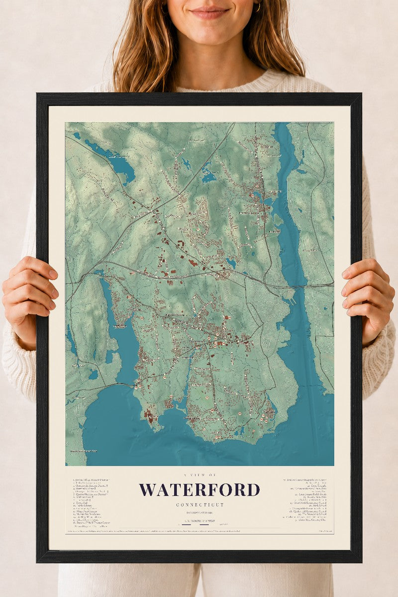 Waterford, Connecticut map print, 18" x 24", W/ Black Ayous Wood Frame