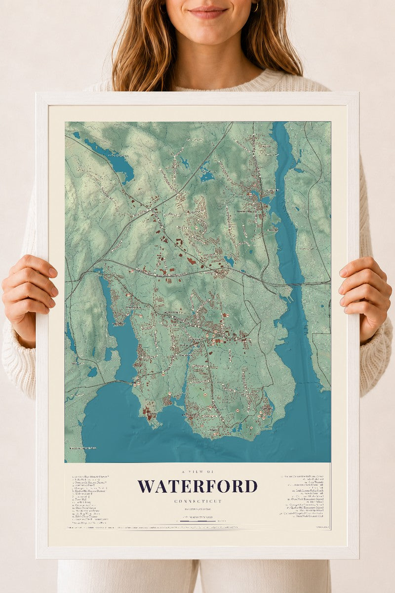Waterford, Connecticut map print, 18" x 24", W/ White Ayous Wood Frame