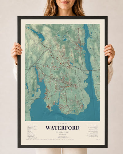 Waterford, Connecticut map print, 24" x 36", W/ Black Ayous Wood Frame