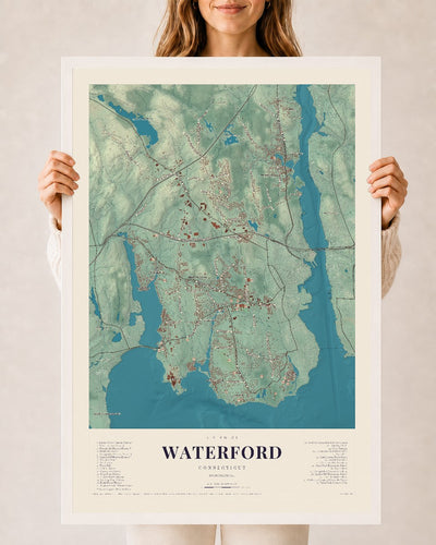 Waterford, Connecticut map print, 24" x 36", W/ White Ayous Wood Frame