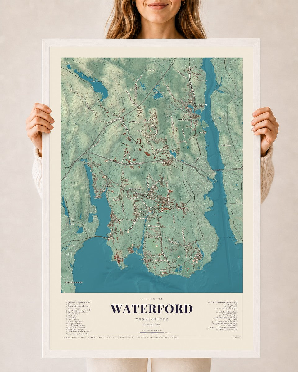 Waterford, Connecticut map print, 24" x 36", W/ White Ayous Wood Frame