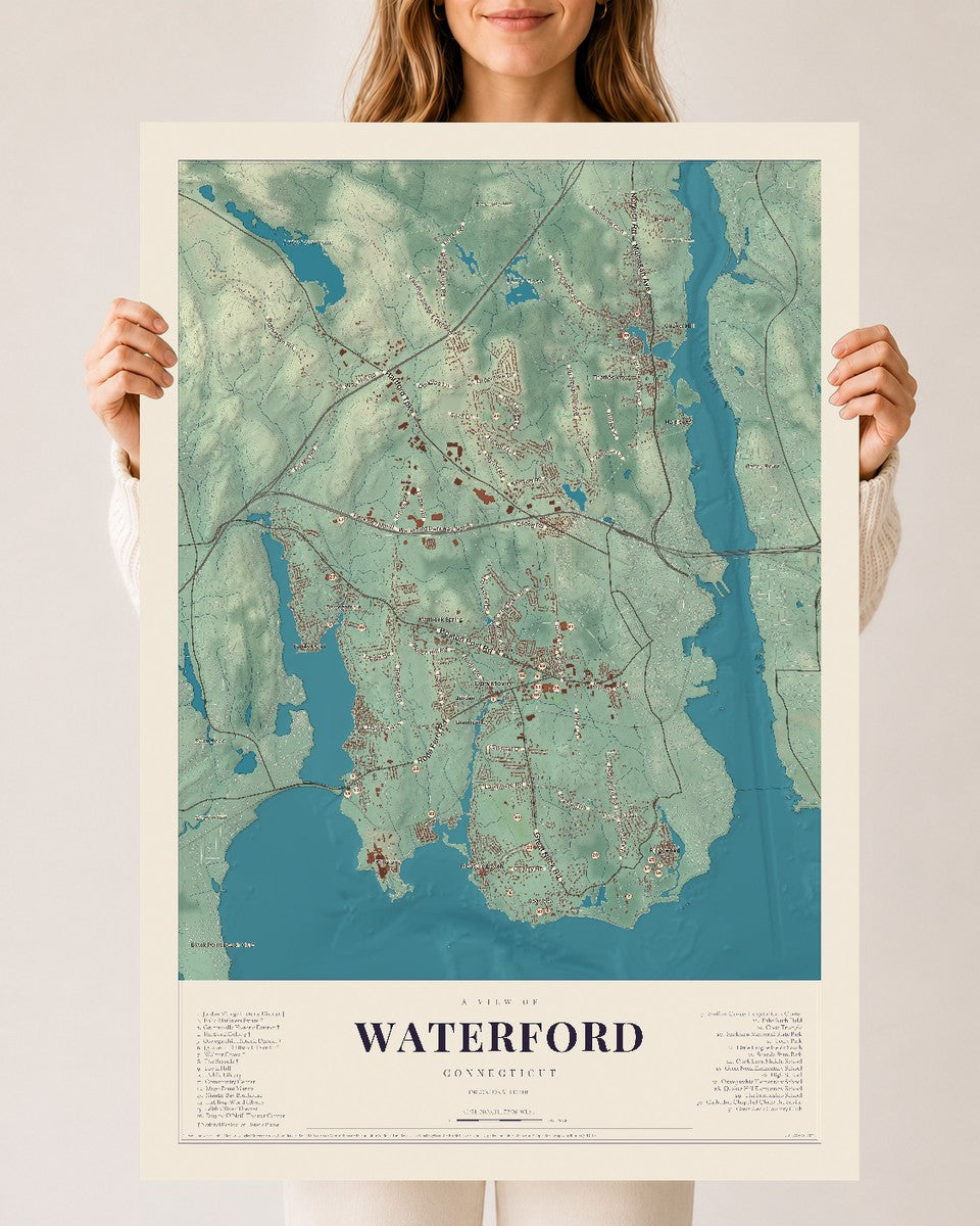 Waterford, Connecticut map print, 24" x 36", Archival Matte Print