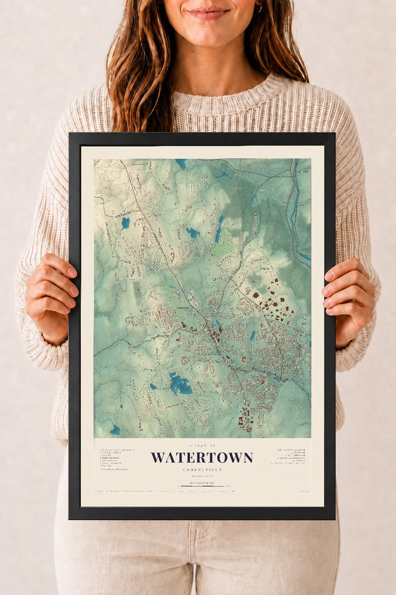 Watertown, Connecticut map print, 12" x 18", W/ Black Ayous Wood Frame