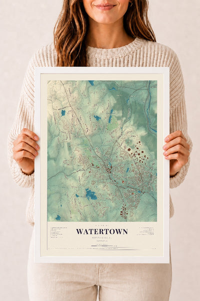 Watertown, Connecticut map print, 12" x 18", W/ White Ayous Wood Frame