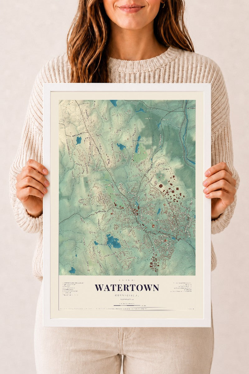 Watertown, Connecticut map print, 12" x 18", W/ White Ayous Wood Frame