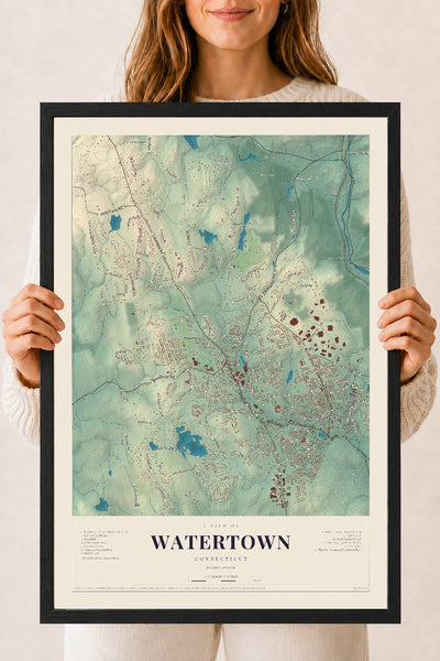 Watertown, Connecticut map print, 18" x 24", W/ Black Ayous Wood Frame