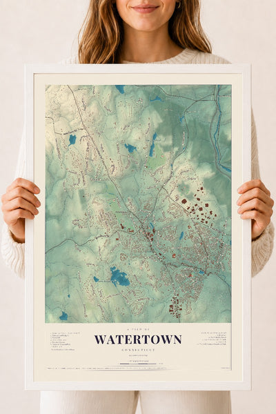 Watertown, Connecticut map print, 18" x 24", W/ White Ayous Wood Frame