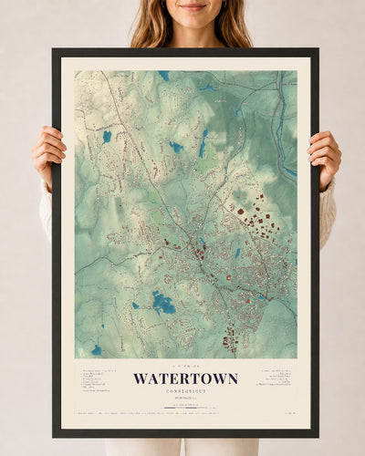 Watertown, Connecticut map print, 24" x 36", W/ Black Ayous Wood Frame