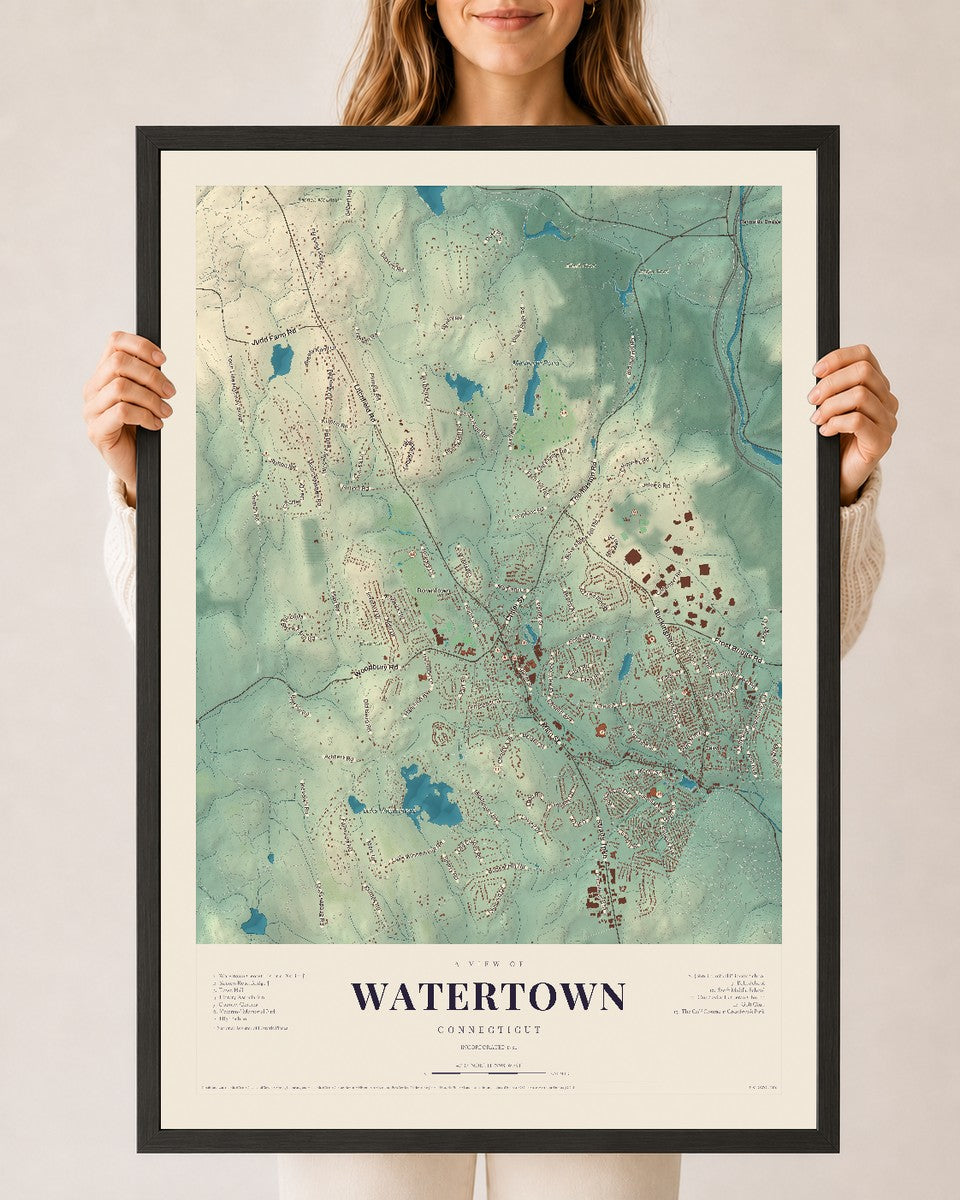 Watertown, Connecticut map print, 24" x 36", W/ Black Ayous Wood Frame