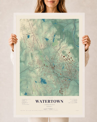 Watertown, Connecticut map print, 24" x 36", W/ White Ayous Wood Frame