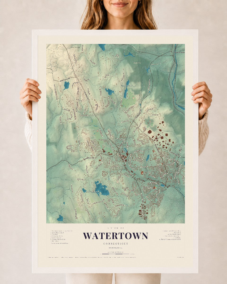 Watertown, Connecticut map print, 24" x 36", W/ White Ayous Wood Frame