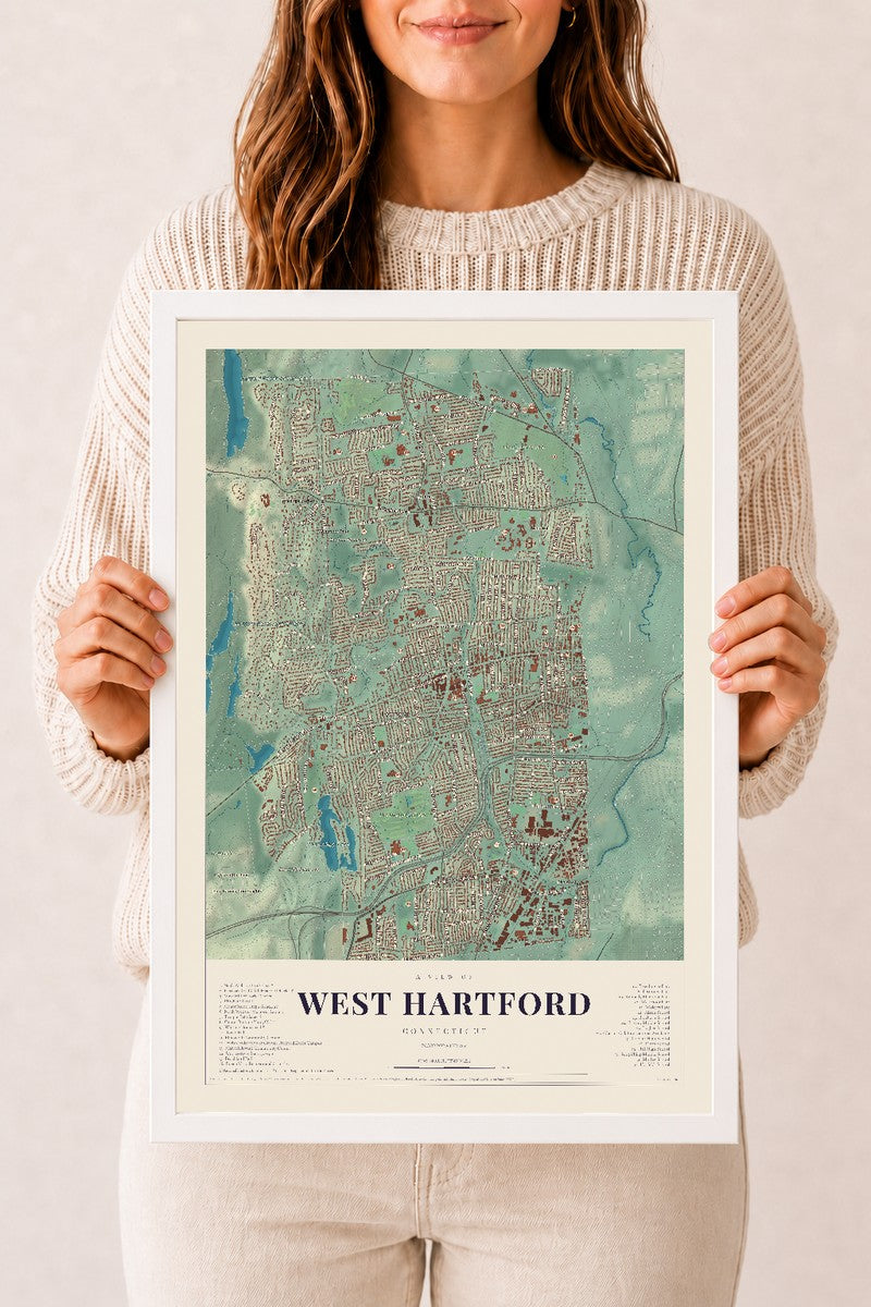 West Hartford, Connecticut map print, 12" x 18", W/ White Ayous Wood Frame