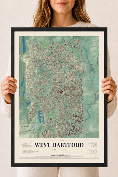 West Hartford, Connecticut map print, 18" x 24", W/ Black Ayous Wood Frame