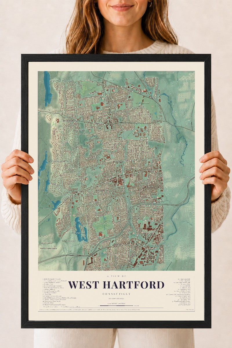 West Hartford, Connecticut map print, 18" x 24", W/ Black Ayous Wood Frame