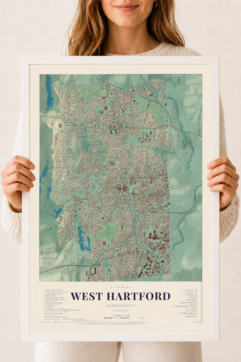 West Hartford, Connecticut map print, 18" x 24", W/ White Ayous Wood Frame