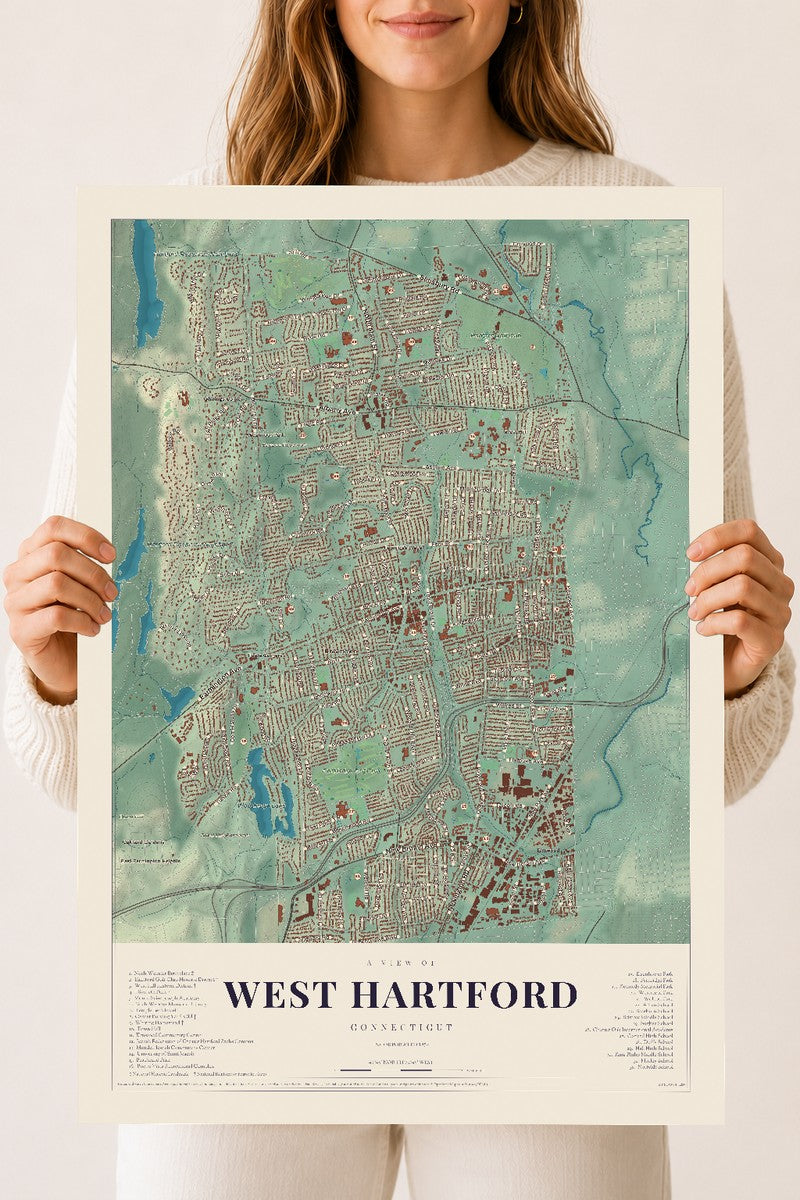 West Hartford, Connecticut map print, 18" x 24", Archival Matte Print
