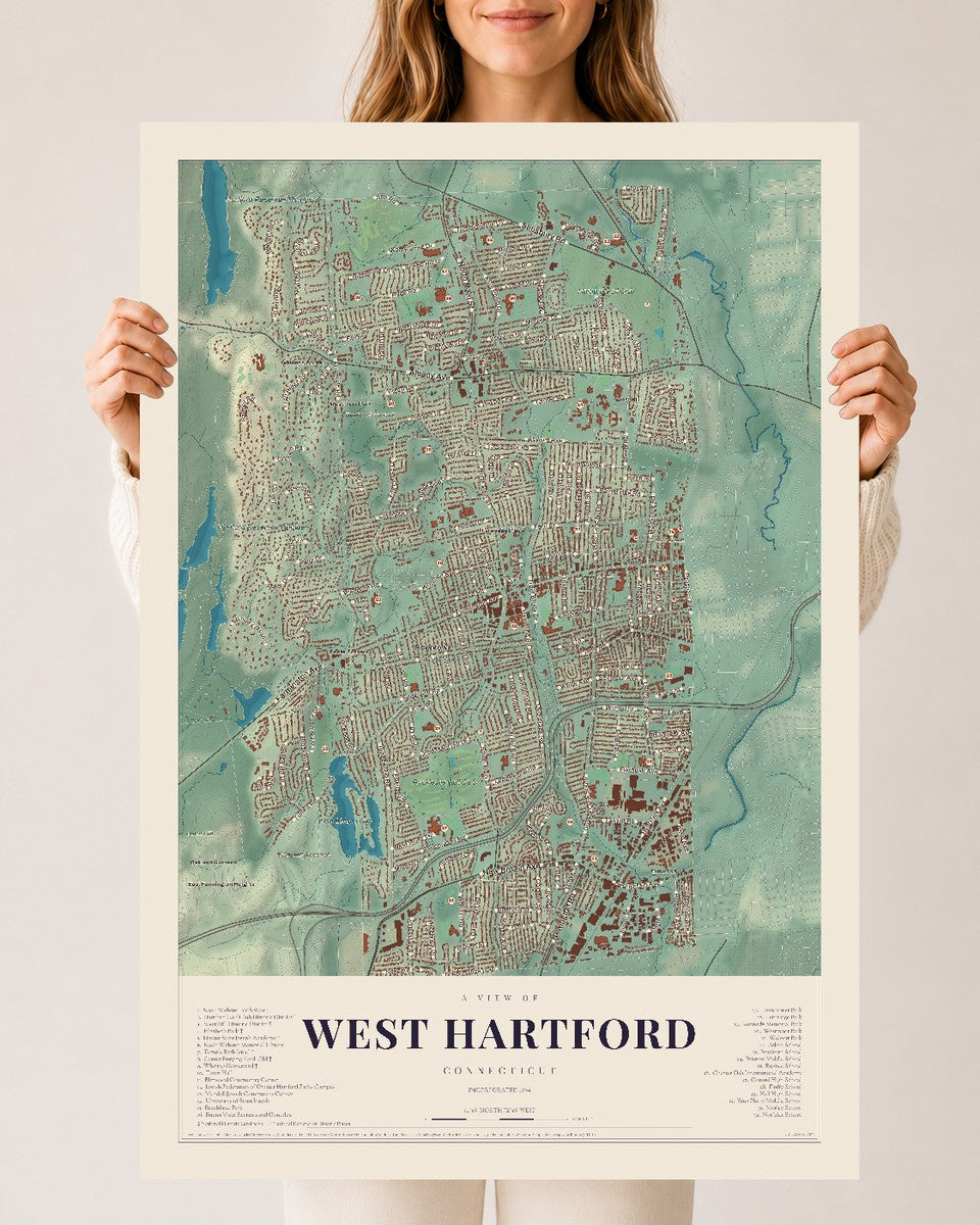 West Hartford, Connecticut map print, 24" x 36", Archival Matte Print