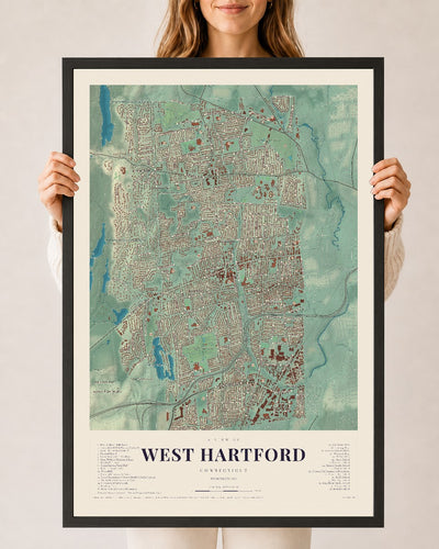 West Hartford, Connecticut map print, 24" x 36", W/ Black Ayous Wood Frame