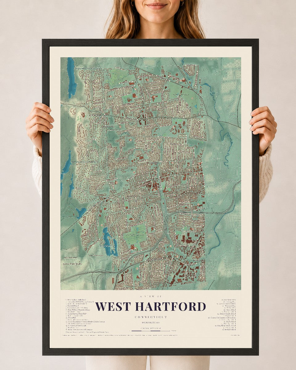 West Hartford, Connecticut map print, 24" x 36", W/ Black Ayous Wood Frame