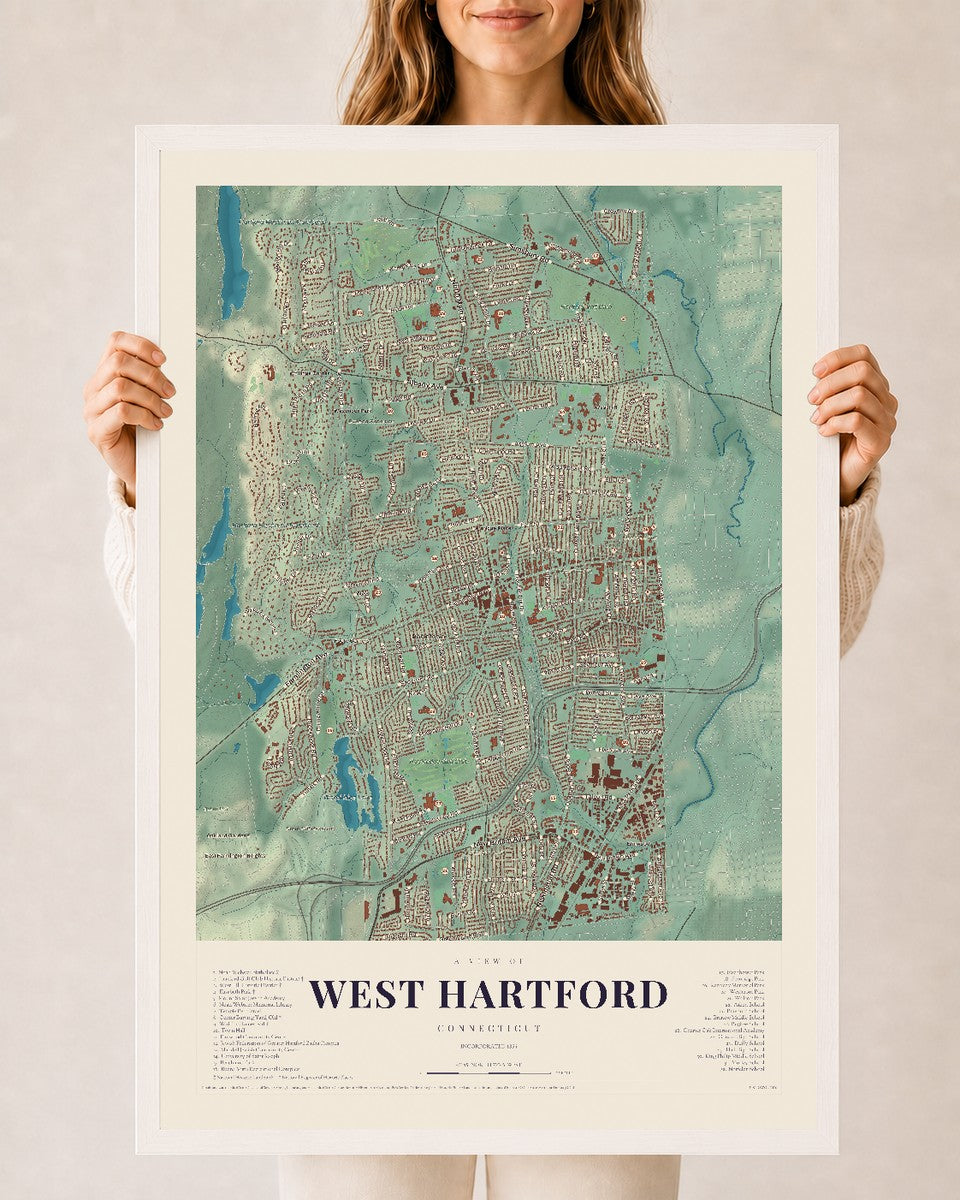 West Hartford, Connecticut map print, 24" x 36", W/ White Ayous Wood Frame