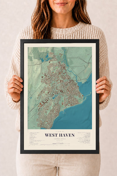 West Haven, Connecticut map print, 12" x 18", W/ Black Ayous Wood Frame