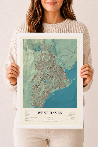 West Haven, Connecticut map print, 12" x 18", W/ White Ayous Wood Frame