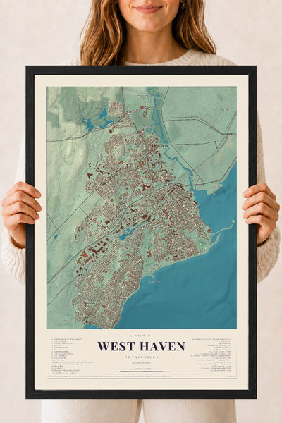 West Haven, Connecticut map print, 18" x 24", W/ Black Ayous Wood Frame