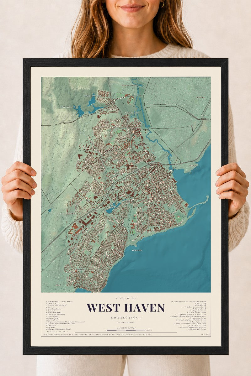 West Haven, Connecticut map print, 18" x 24", W/ Black Ayous Wood Frame