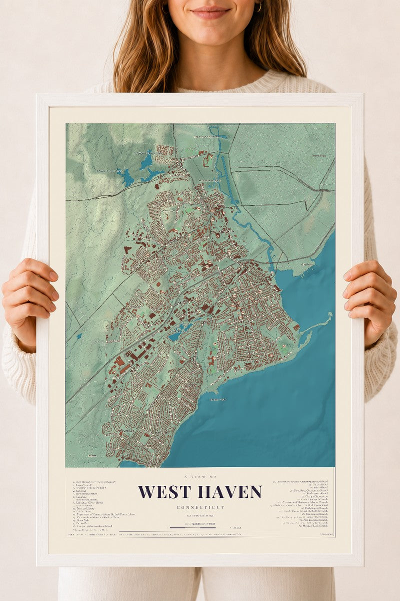 West Haven, Connecticut map print, 18" x 24", W/ White Ayous Wood Frame