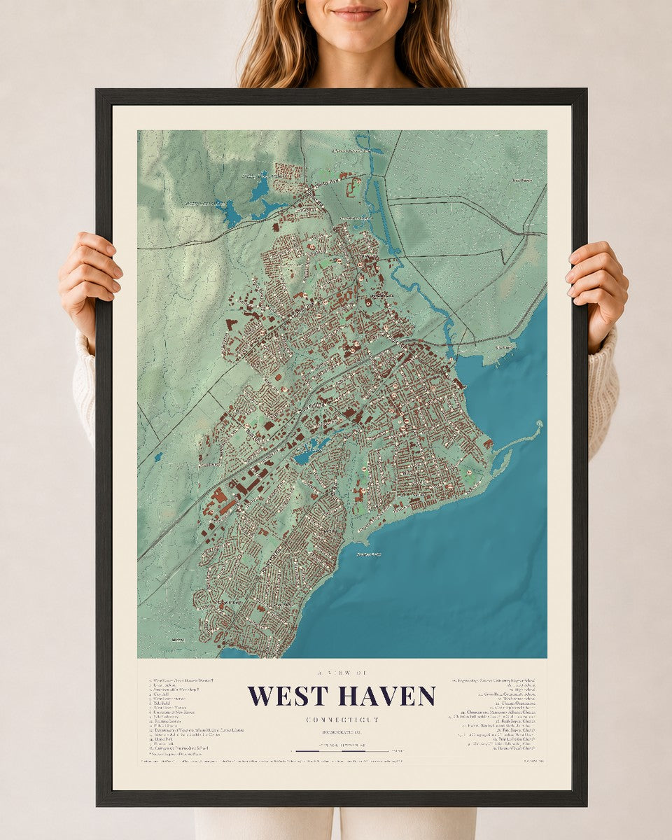 West Haven, Connecticut map print, 24" x 36", W/ Black Ayous Wood Frame