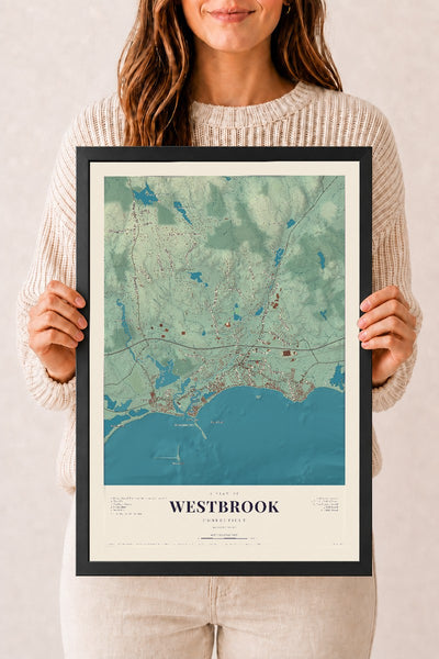 Westbrook, Connecticut map print, 12" x 18", W/ Black Ayous Wood Frame