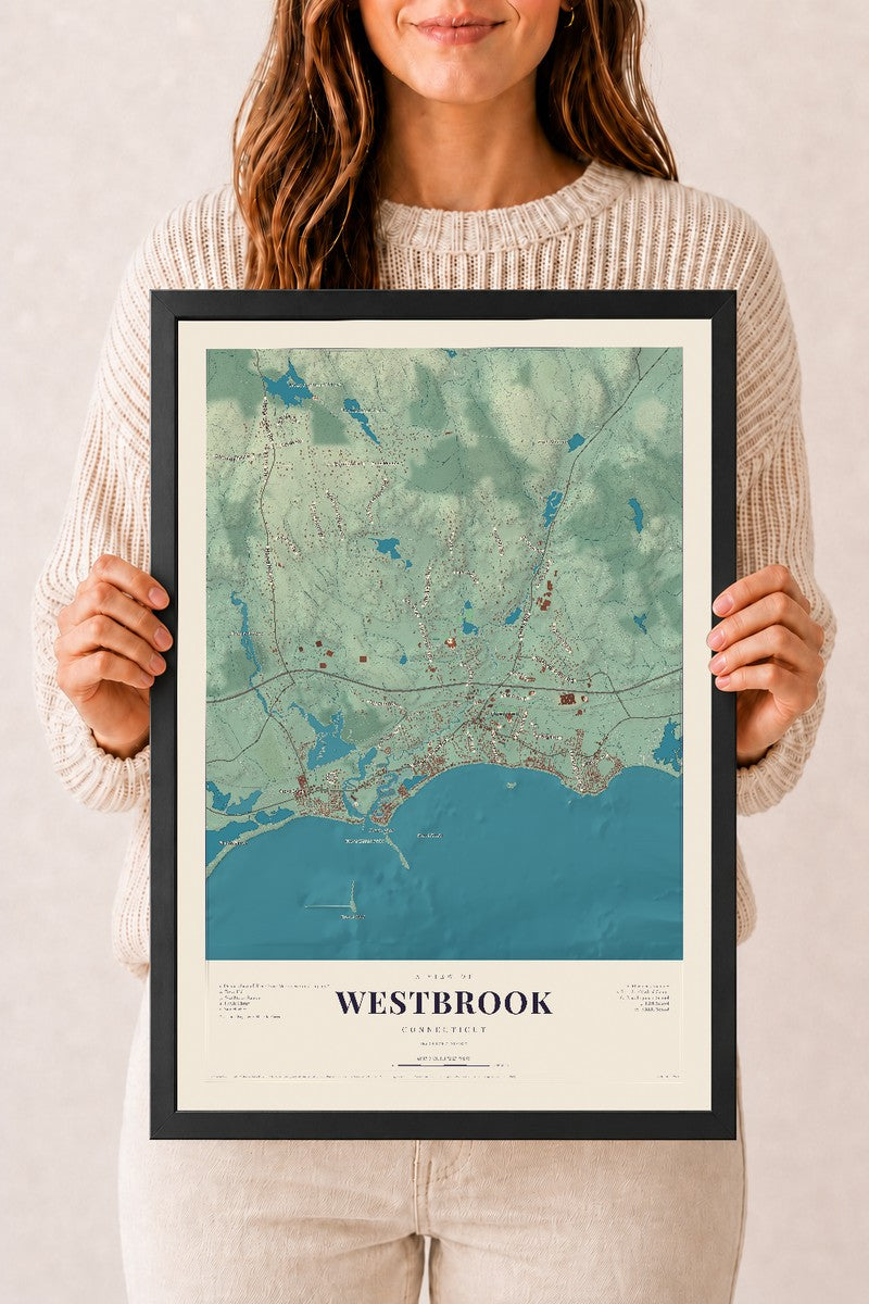Westbrook, Connecticut map print, 12" x 18", W/ Black Ayous Wood Frame