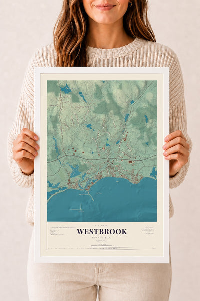 Westbrook, Connecticut map print, 12" x 18", W/ White Ayous Wood Frame