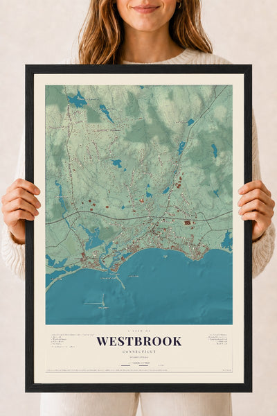 Westbrook, Connecticut map print, 18" x 24", W/ Black Ayous Wood Frame