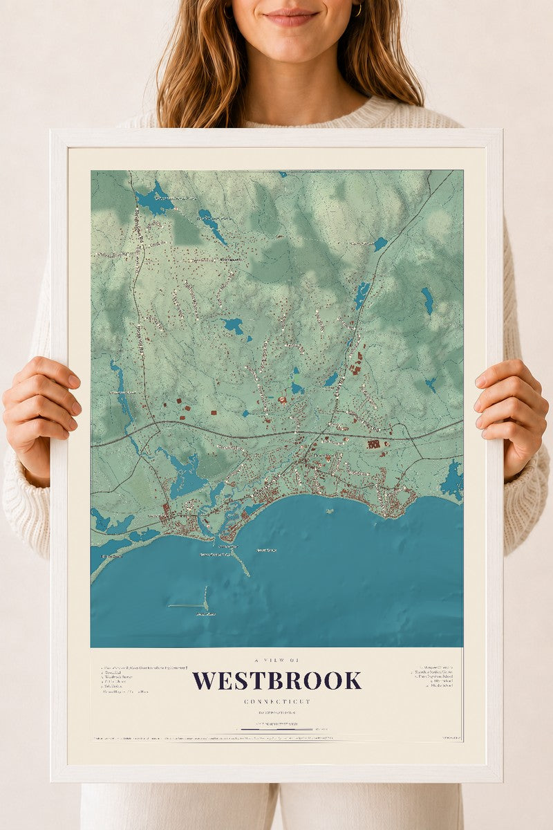 Westbrook, Connecticut map print, 18" x 24", W/ White Ayous Wood Frame