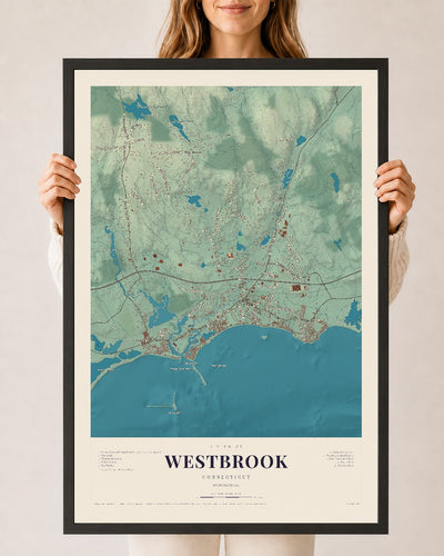 Westbrook, Connecticut map print, 24" x 36", W/ Black Ayous Wood Frame