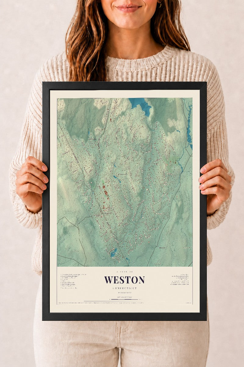Weston, Connecticut map print, 12" x 18", W/ Black Ayous Wood Frame