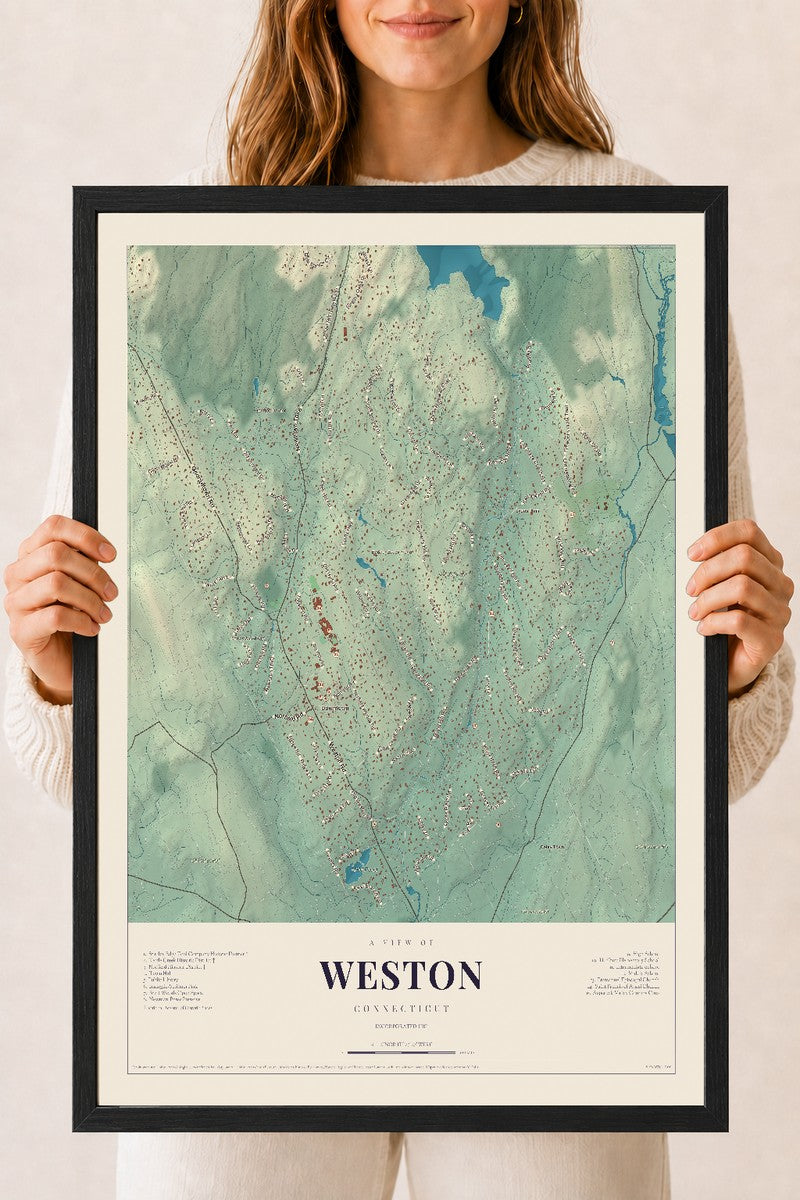 Weston, Connecticut map print, 18" x 24", W/ Black Ayous Wood Frame