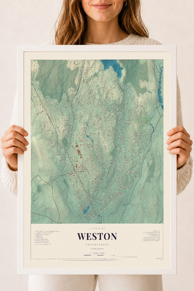 Weston, Connecticut map print, 18" x 24", W/ White Ayous Wood Frame
