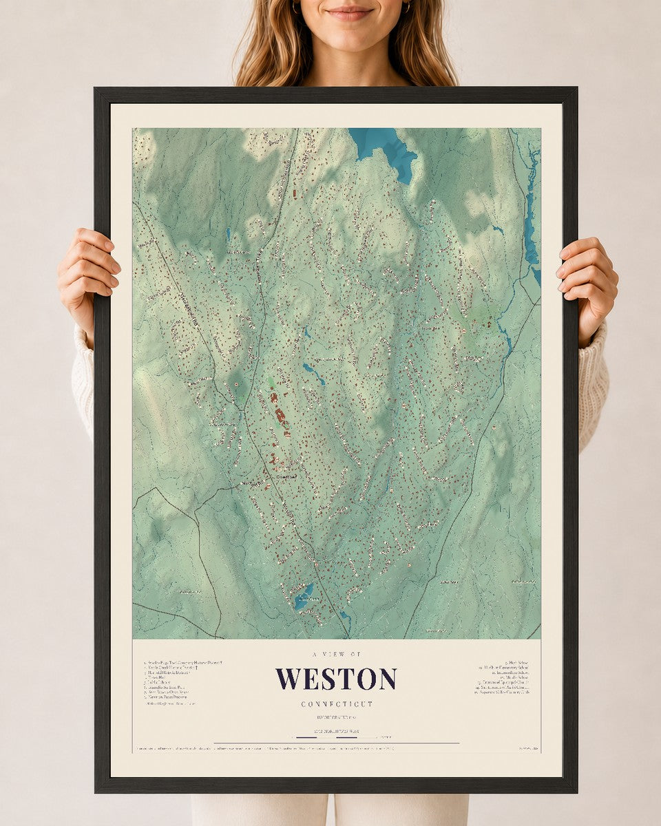 Weston, Connecticut map print, 24" x 36", W/ Black Ayous Wood Frame