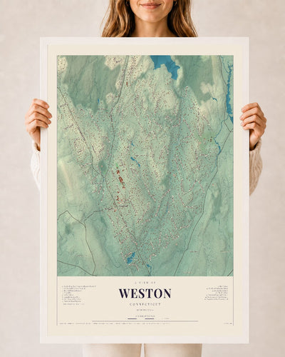Weston, Connecticut map print, 24" x 36", W/ White Ayous Wood Frame