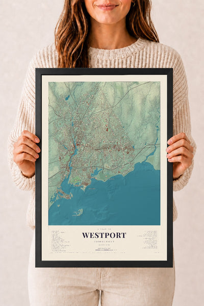 Westport, Connecticut map print, 12" x 18", W/ Black Ayous Wood Frame